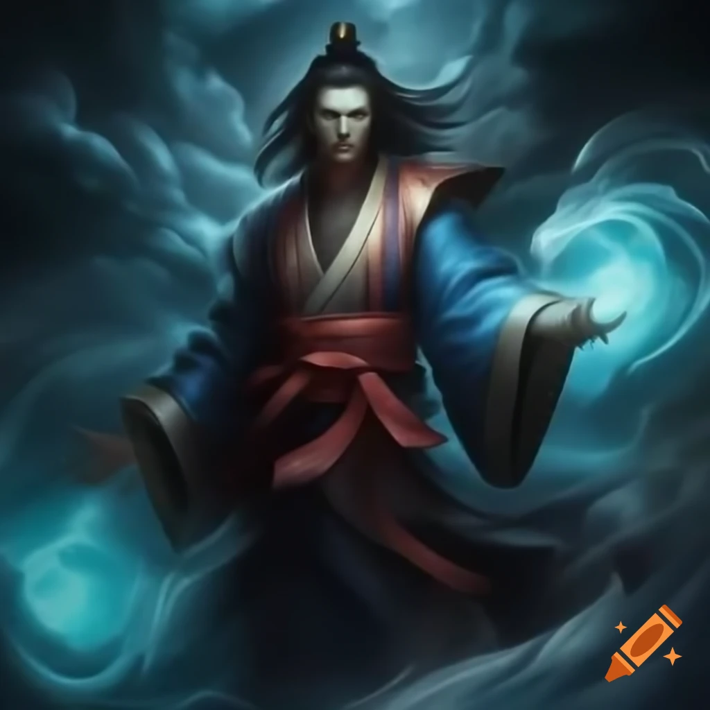Air Genasi Sorcerer Azar at center of swirling tempest with stormy skies