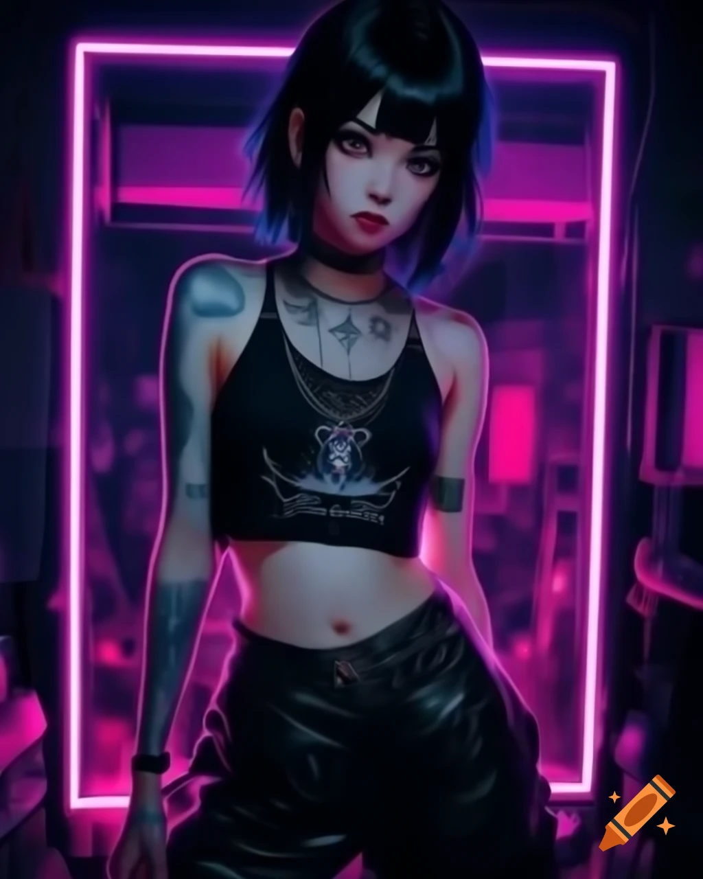 Edgy punk-style young woman in dystopic fashion with crop top and lowrise pants
