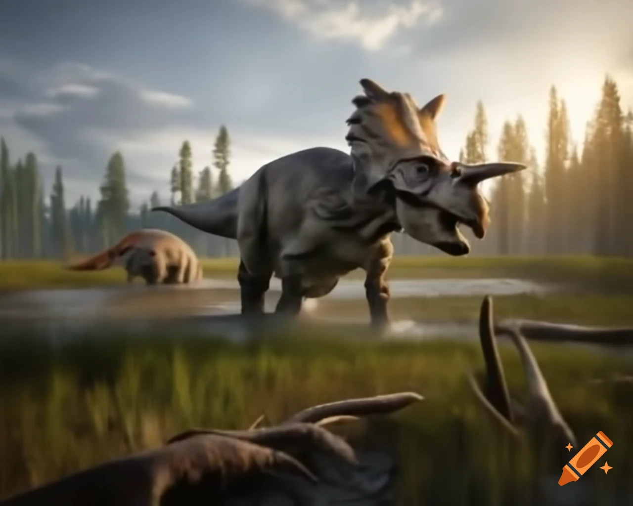 Herd of protoceratops crossing marsh at sunset with driftwood