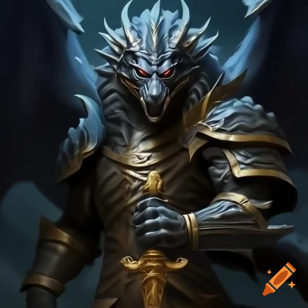 Powerful black dragon in armor wielding golden axe