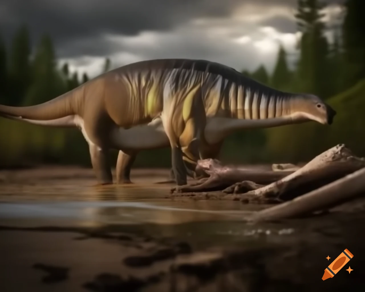 Striped Hadrosaurus roaming near stream in British Columbia with dramatic clouds