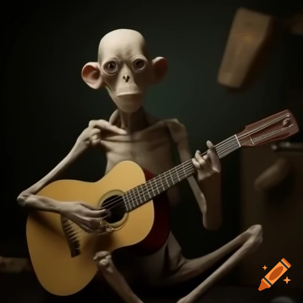 Humanoid figure playing guitar energetically