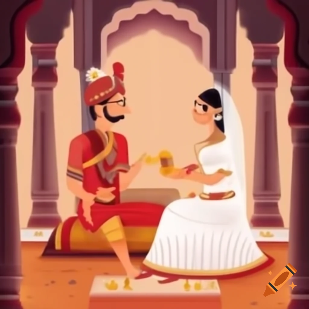 Mithila painting of bride and groom in mandap