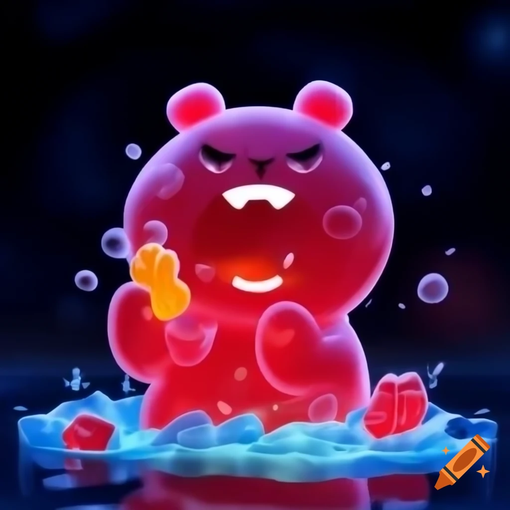 Gummy Bear singing in cosmic amphitheater with eerie atmosphere