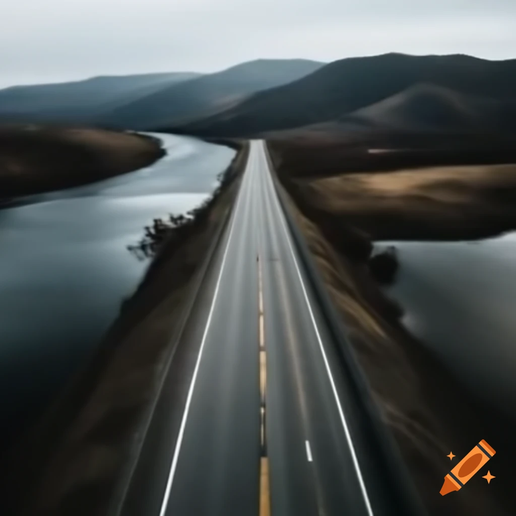 Road crossing river with hills in the background