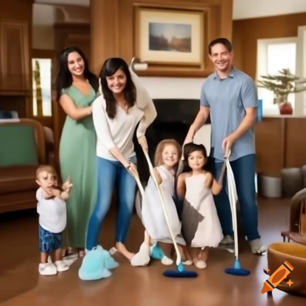 Family cleaning house together, sparkling cleanliness, happy atmosphere, unhappy cat