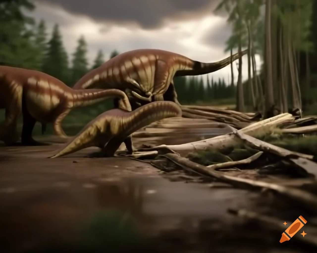Striped Hadrosaurus group near stream in mudflat with ferns and driftwood