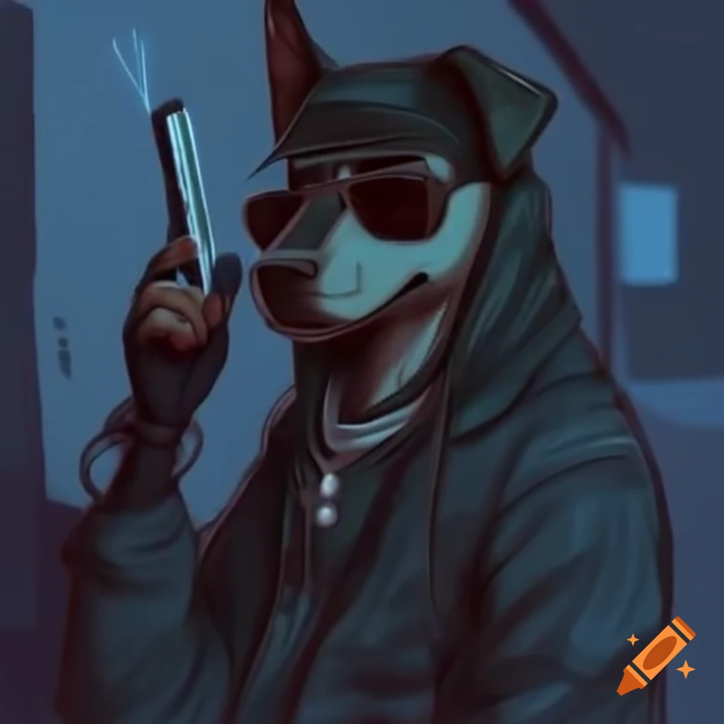 Dog in cool jacket and sunglasses, relaxing on street corner at night