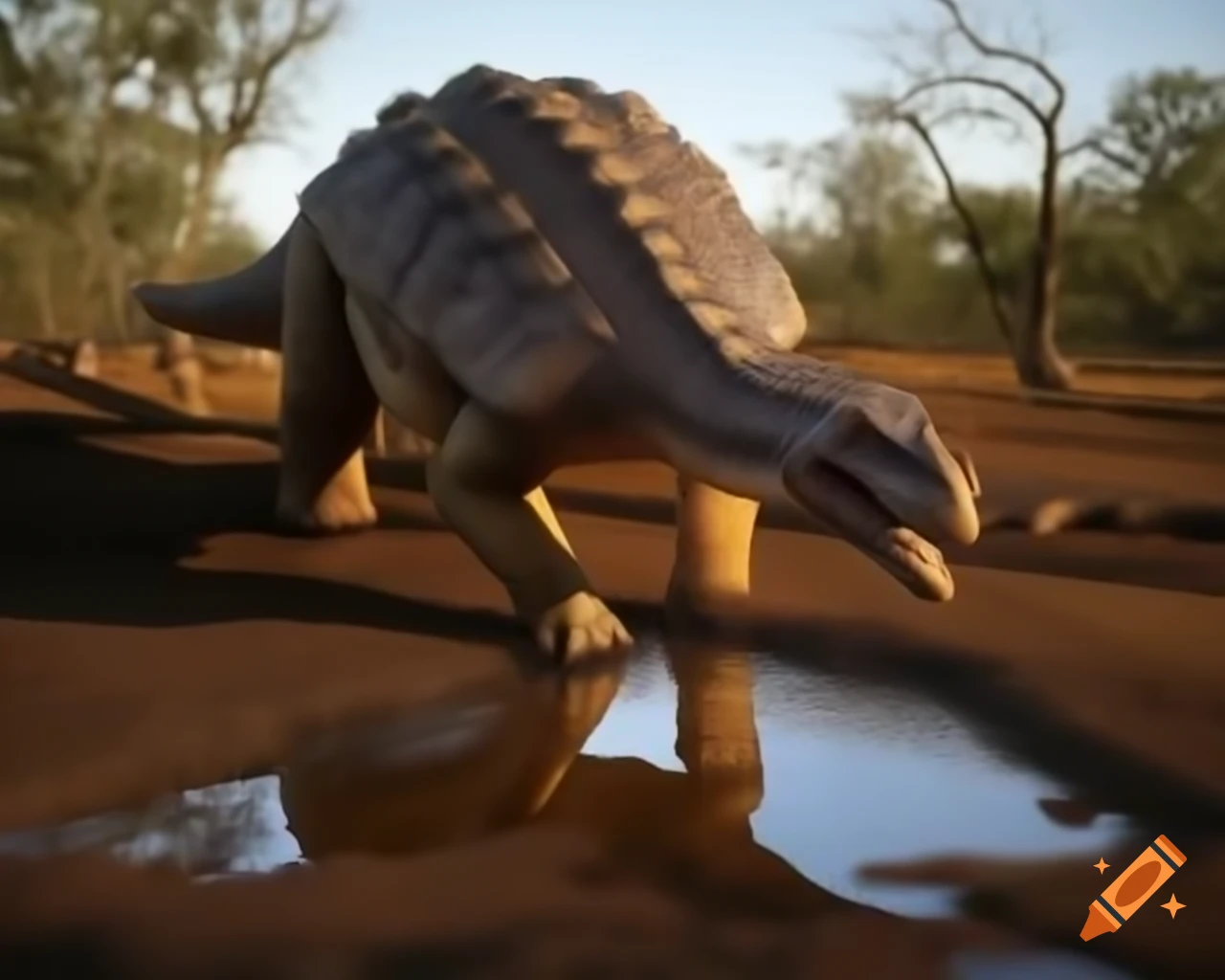 Ankylosaurus drinking from puddle in sunny clearing, surrounded by bushes