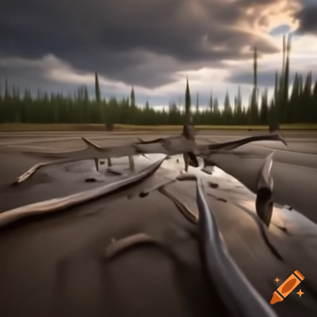 Striped Hadrosaurus in mudflat with ferns and driftwood in British Columbia