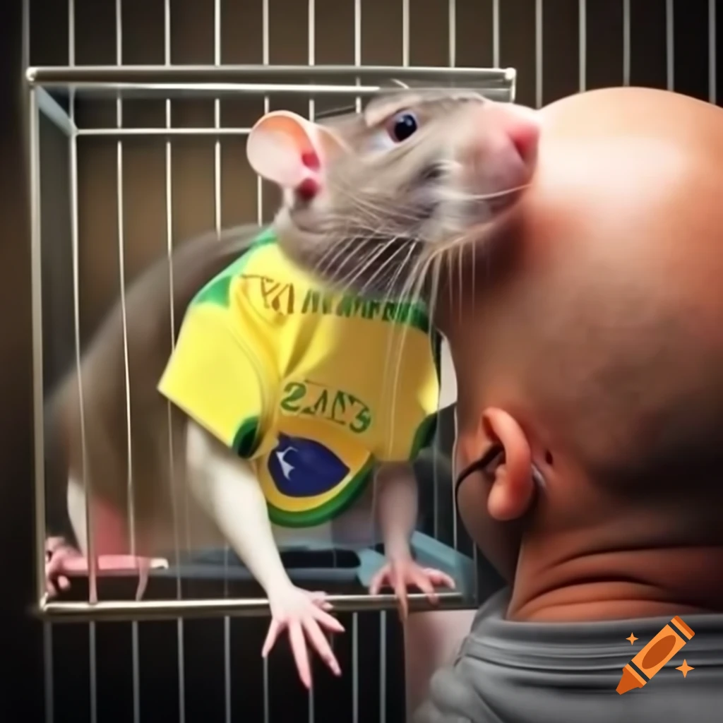 Lab rat wearing Brazil t-shirt in a cage during experiment