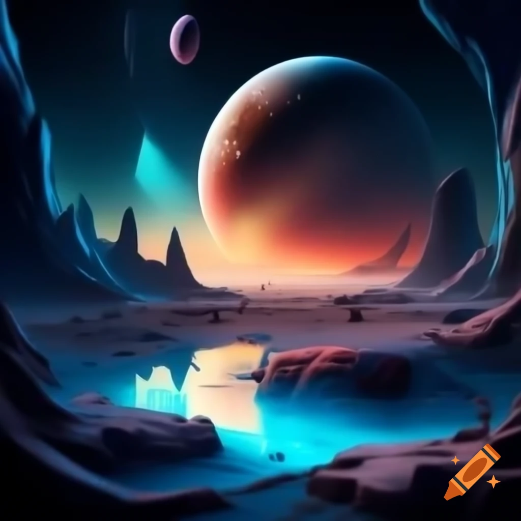 Surreal landscape on distant planet with crystalline structures and colorful sand desert