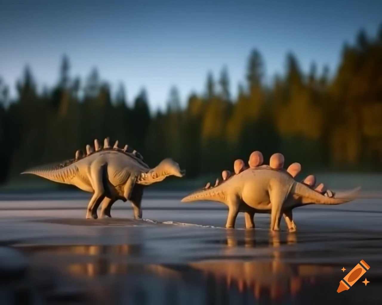 Two Stegosaurus in foreground with Diplodocus moving towards forest on sandy beach