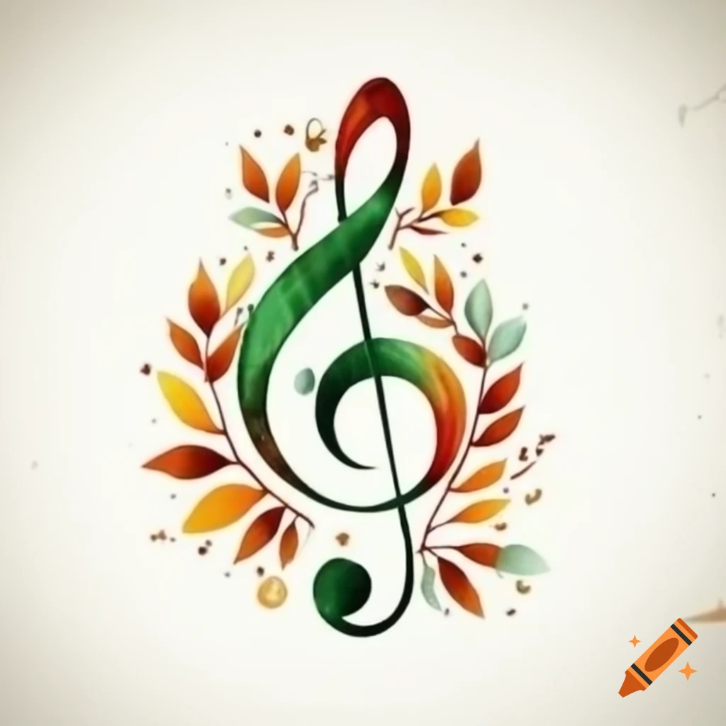 Treble clef with scrollwork and autumn leaves on white background