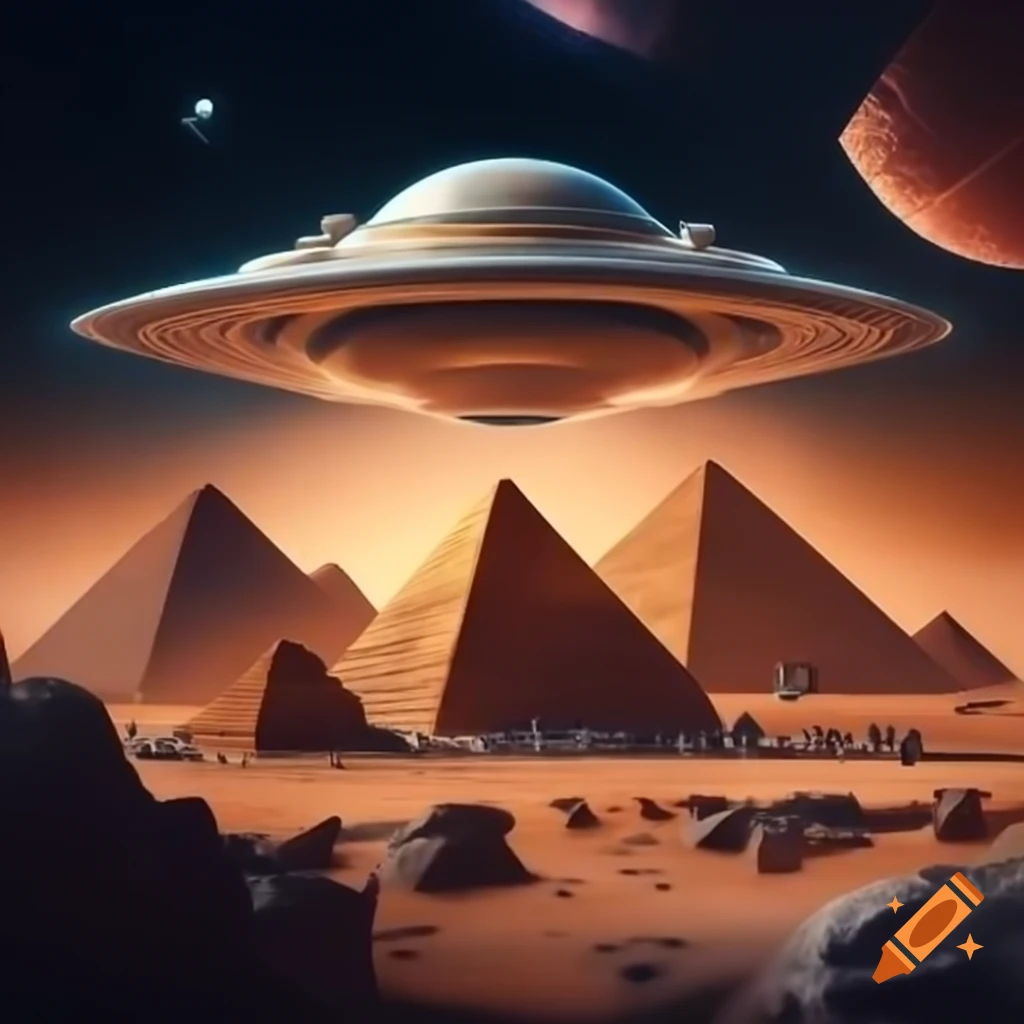 Sci-fi scene of UFO building pyramids on Mars