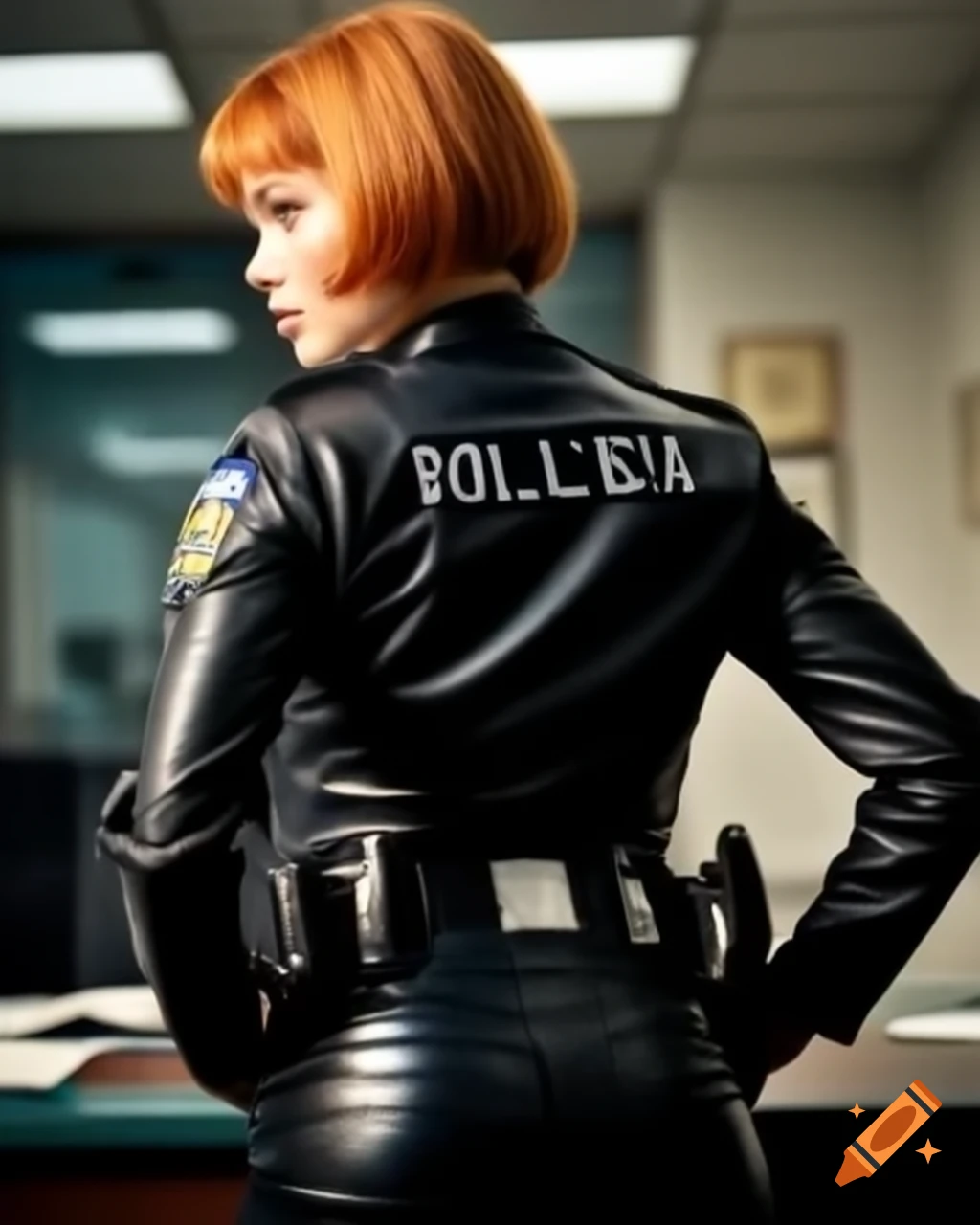 Close-up of young female policewoman in uniform at office, low-angle view
