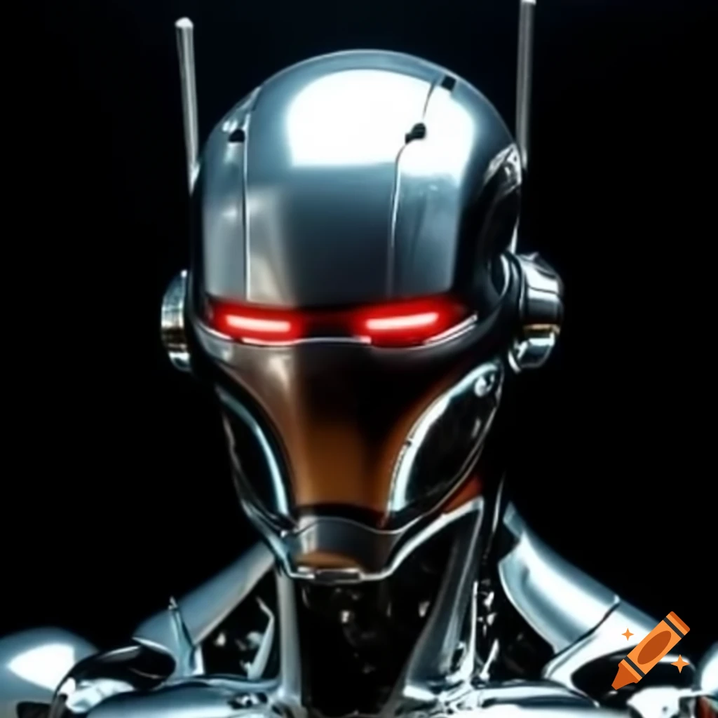 Silver Ultron fused with sentinel, glowing red eyes and silver fins