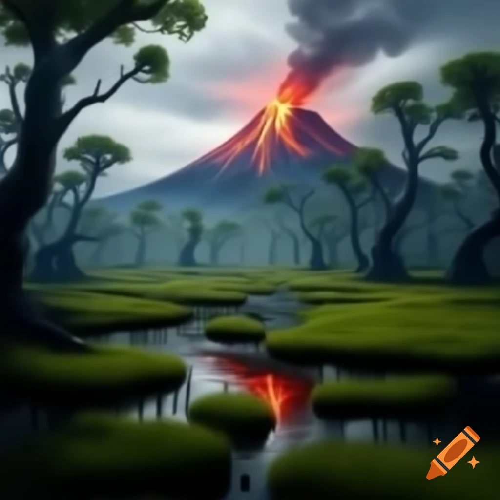 Gloomy fantasy oil painting of woodland swamp with volcano and dead trees