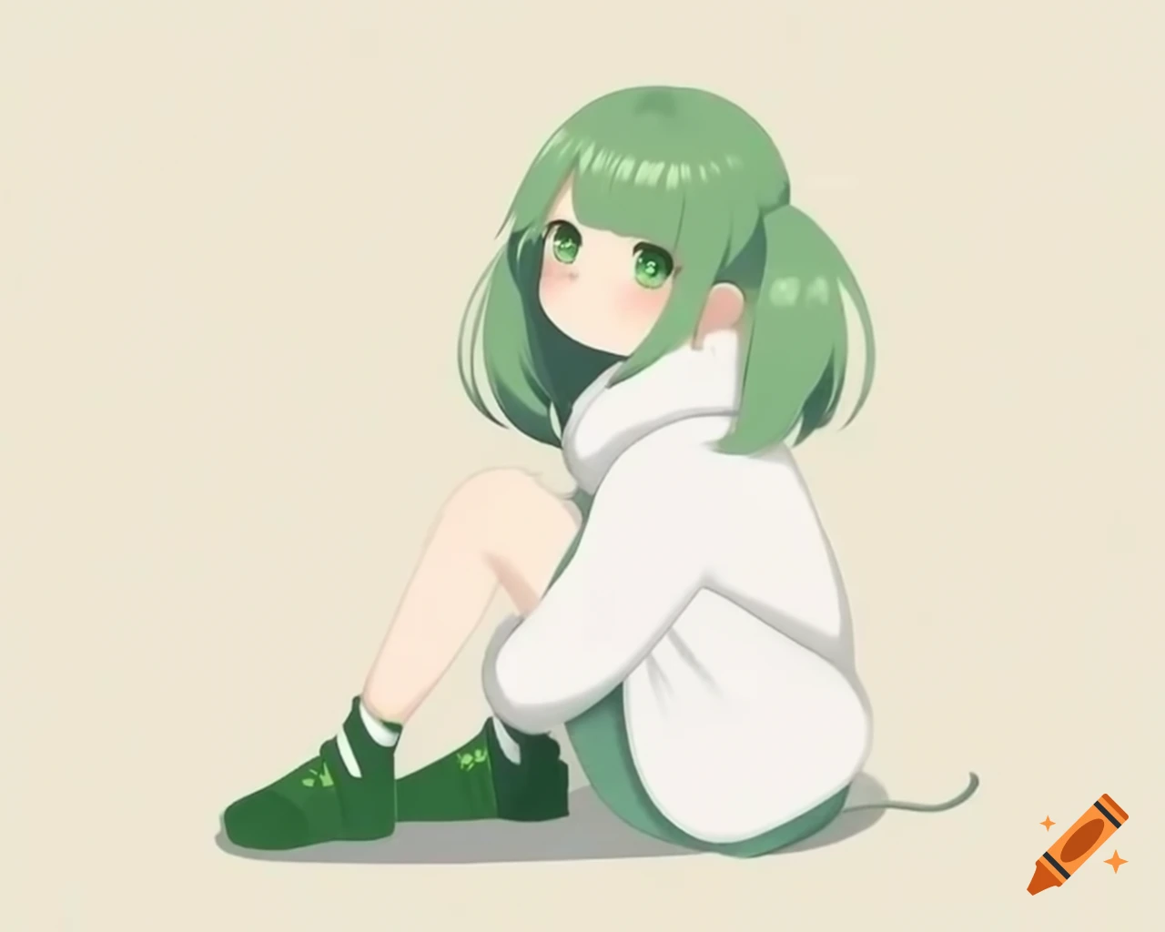 Minimalist portrayal of cute anime girl with green hair and fur coat