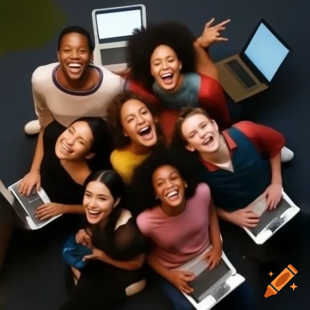 Diverse group of people with laptops in futurist style
