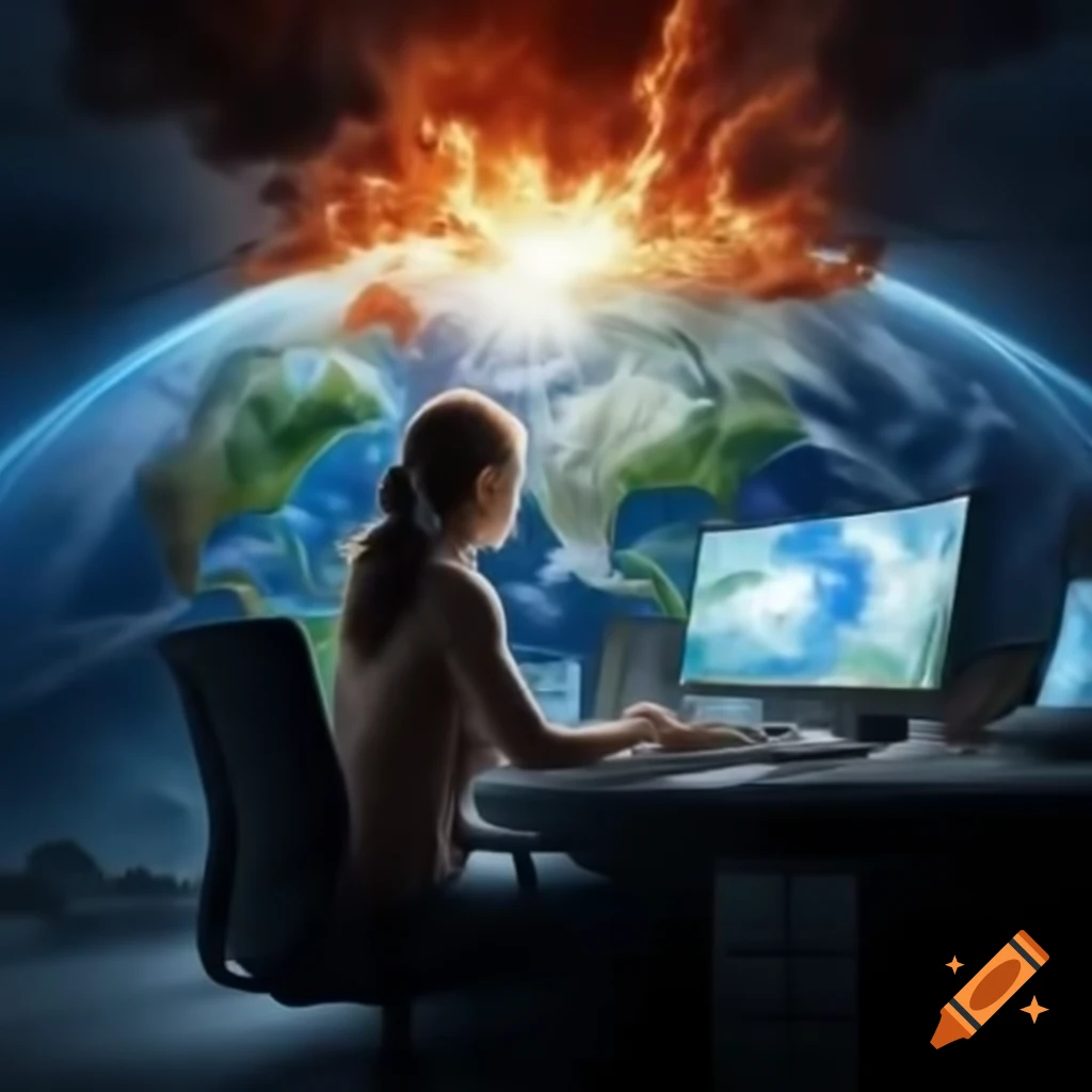 Woman typing on computer with explosion in background