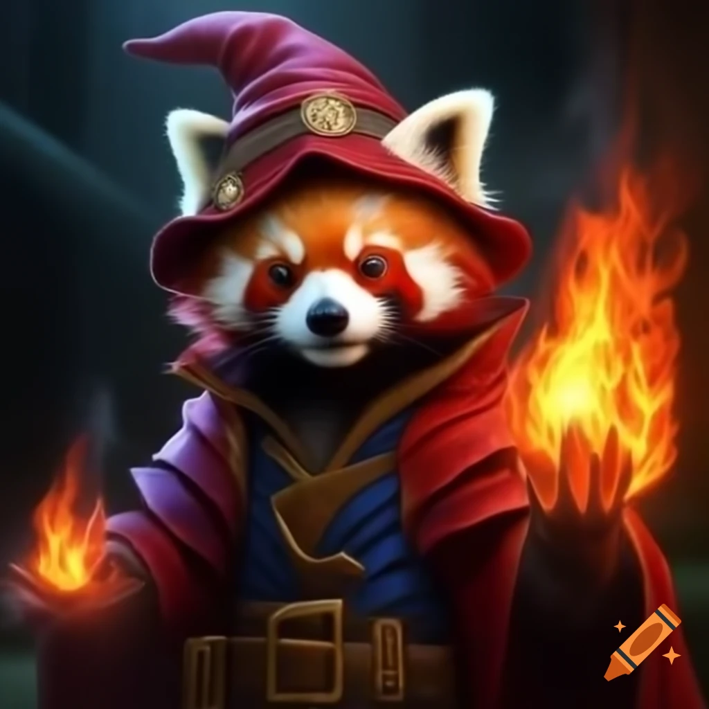 Red panda wizard casting flames
