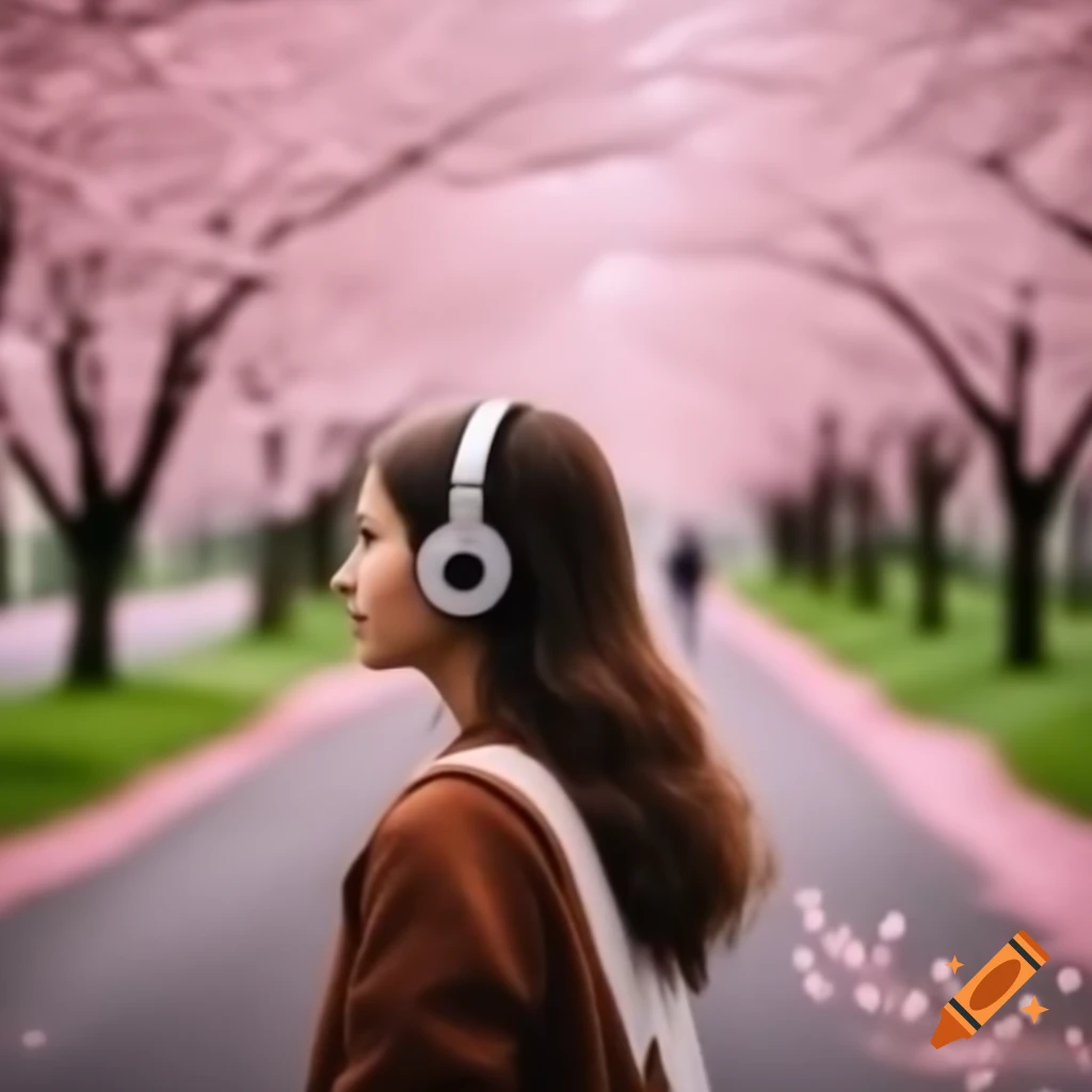 Person wearing headphones walking among cherry blossom trees