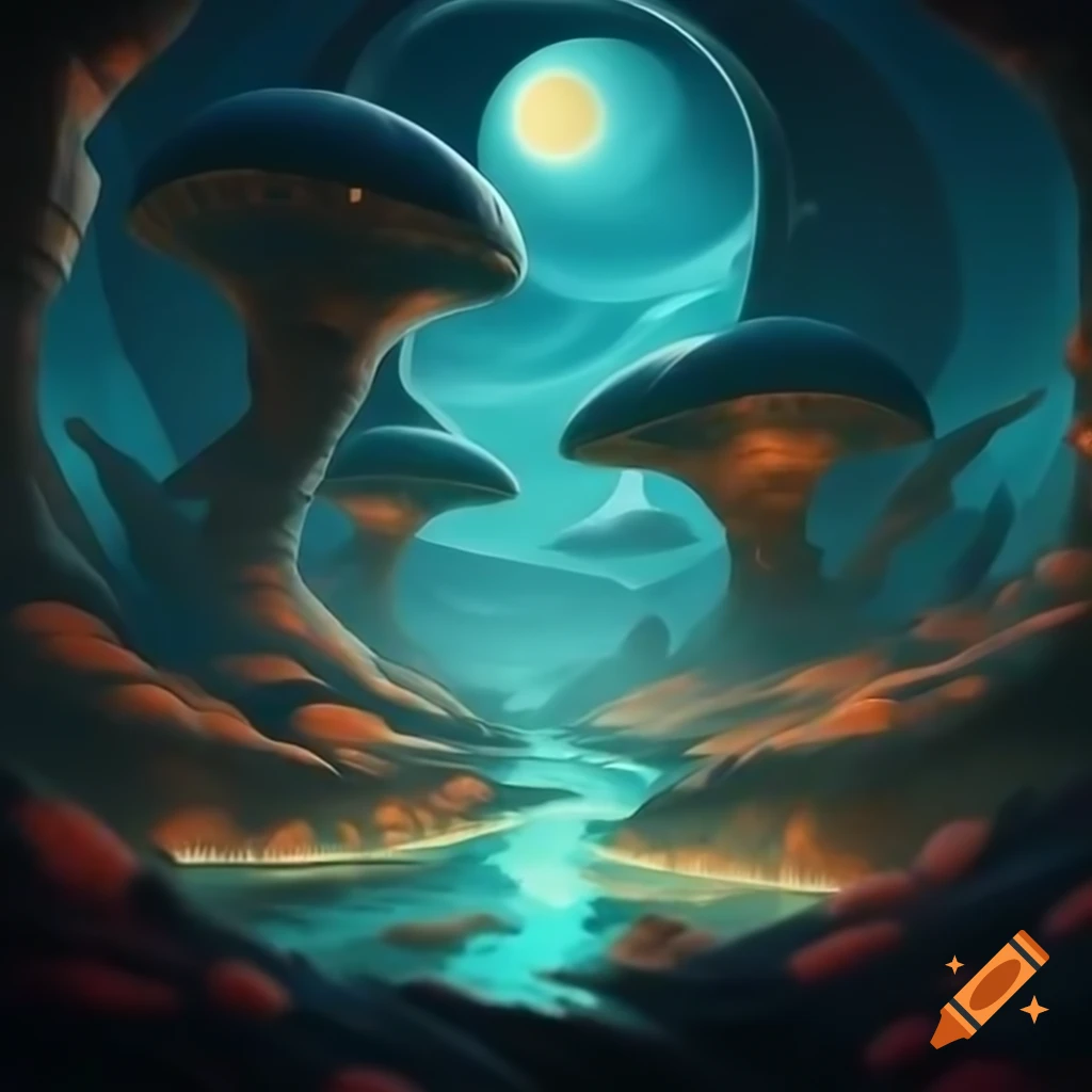 Alien landscape on planet Eldoria with towering bioluminescent plants