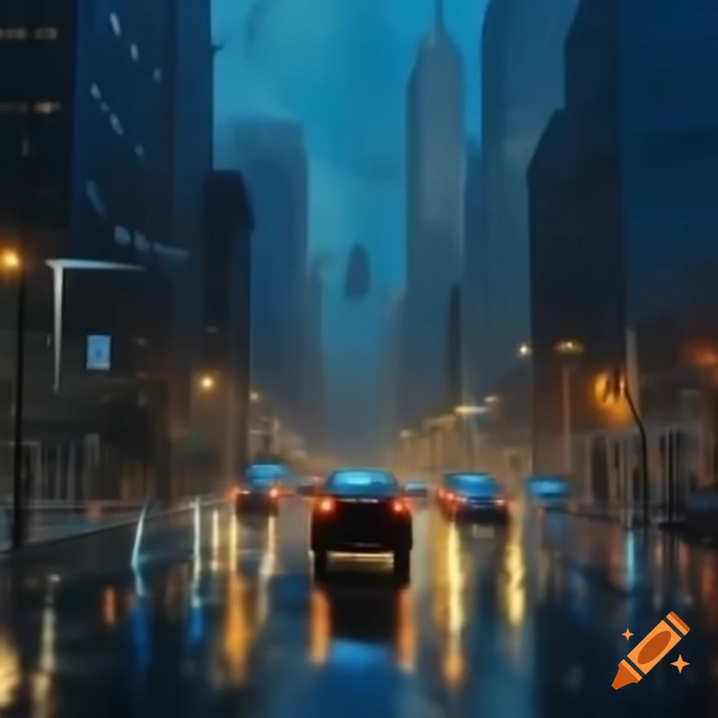 Beautiful city illuminated by lights during rain
