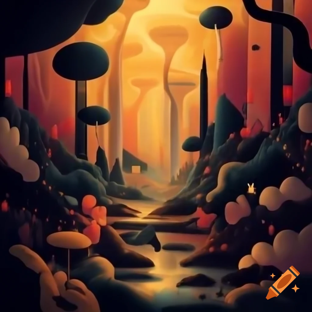 Enchanting Art Deco scene of mystical forest at twilight with geometric trees