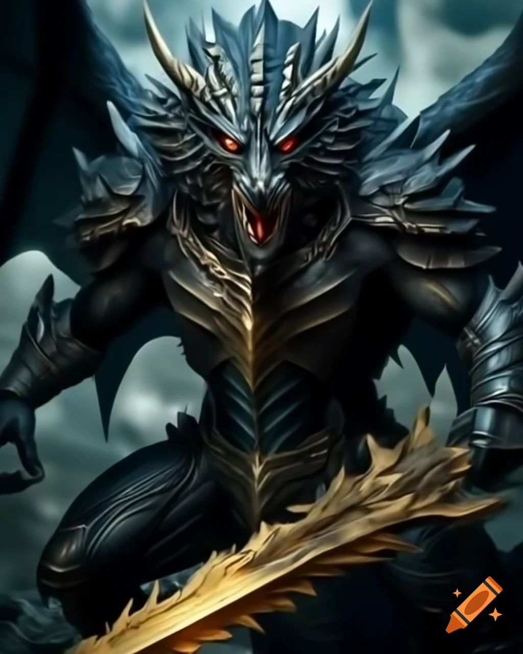 Black dragon in armor holding golden blade
