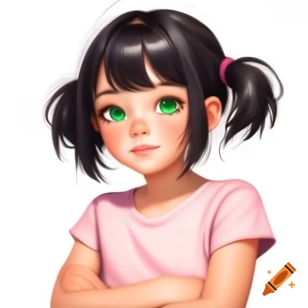 Anime girl with blonde hair and dark green eyes, arms crossed in pink t-shirt