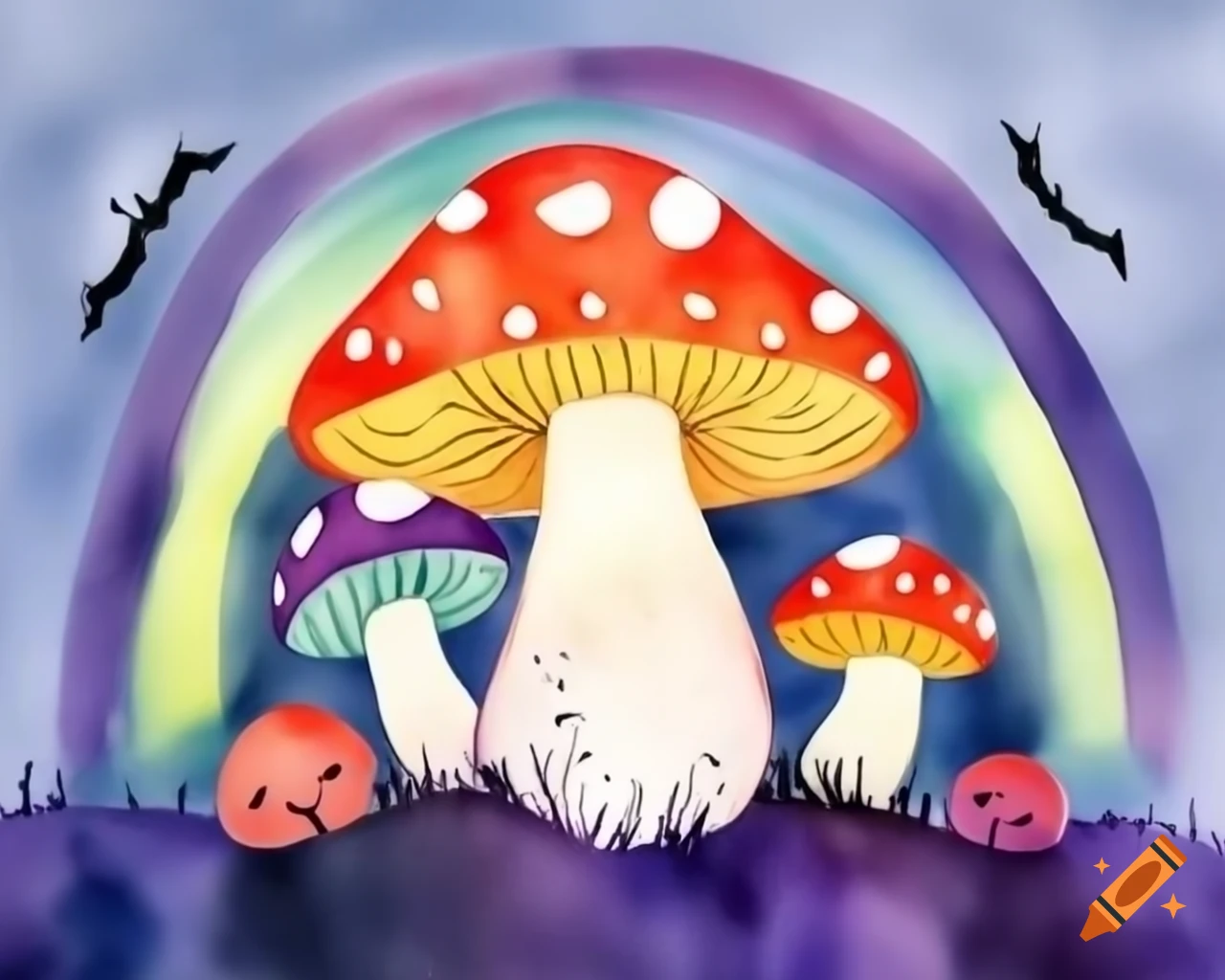 Watercolor Halloween mushroom in rainbow colors, storybook style