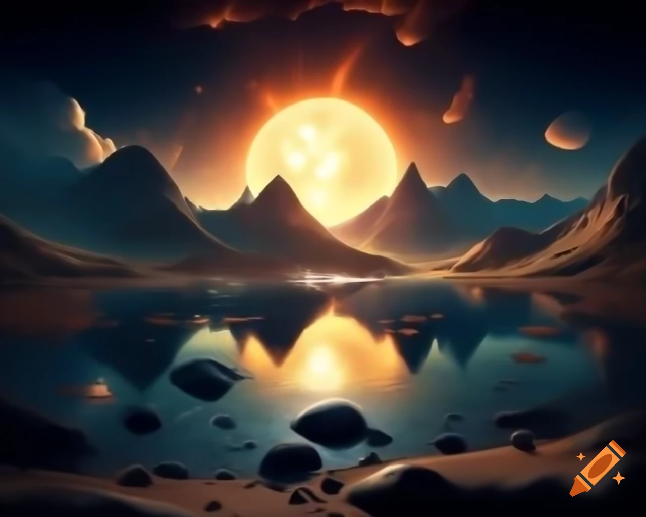 Sunset over mountain lake in photorealistic 3D render with beams of light