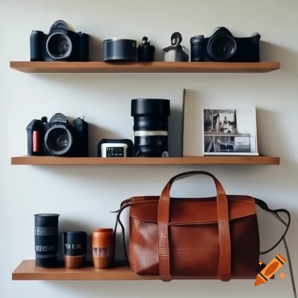 Photography equipment including cameras, lenses, and accessories on shelves
