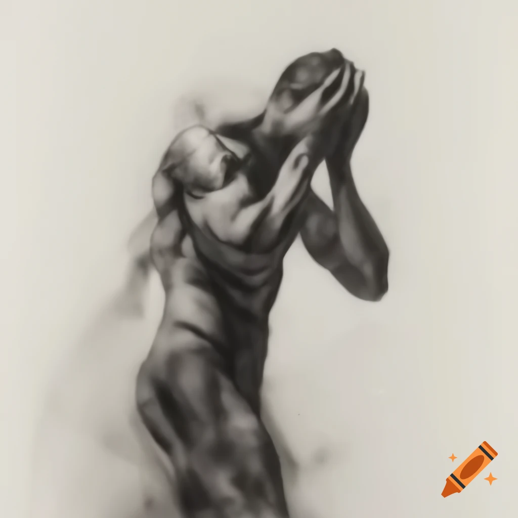 Monochromatic drawing of a dramatic male figure showcasing detailed musculature