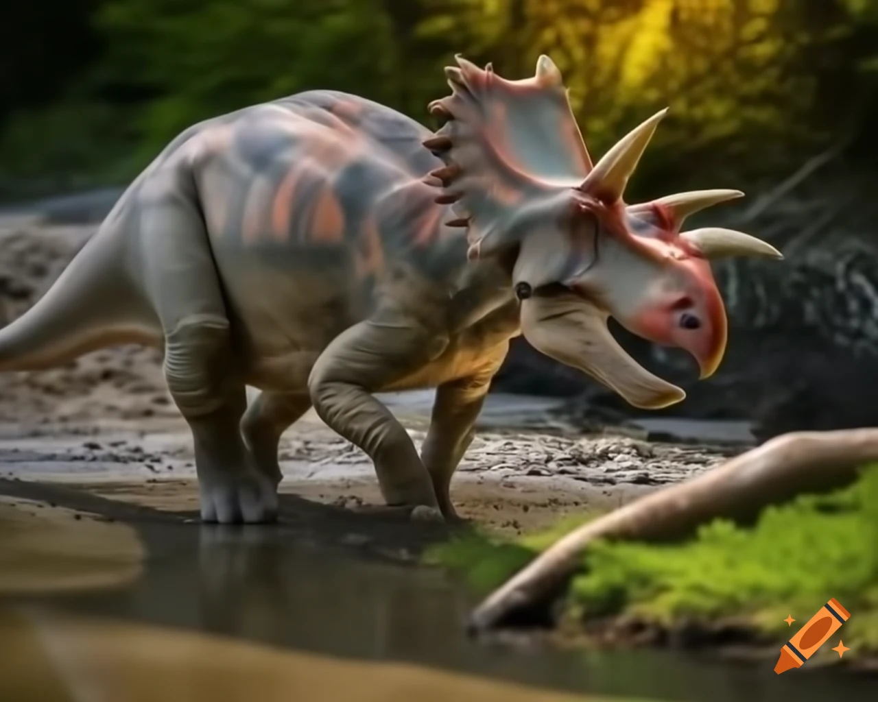 Herd of protoceratops walking along muddy river bank in British Columbia during golden hour