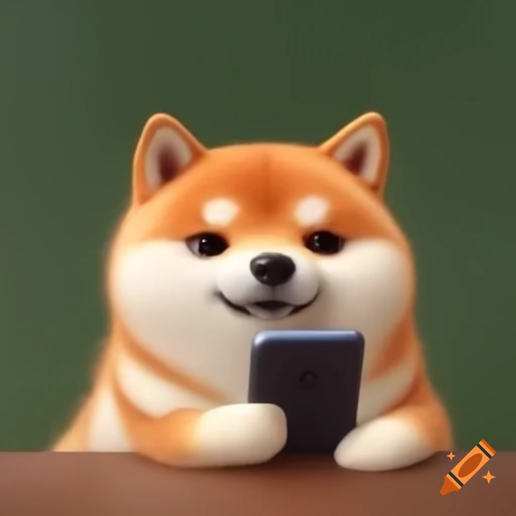 Shiba inu cutely holding mobile phone