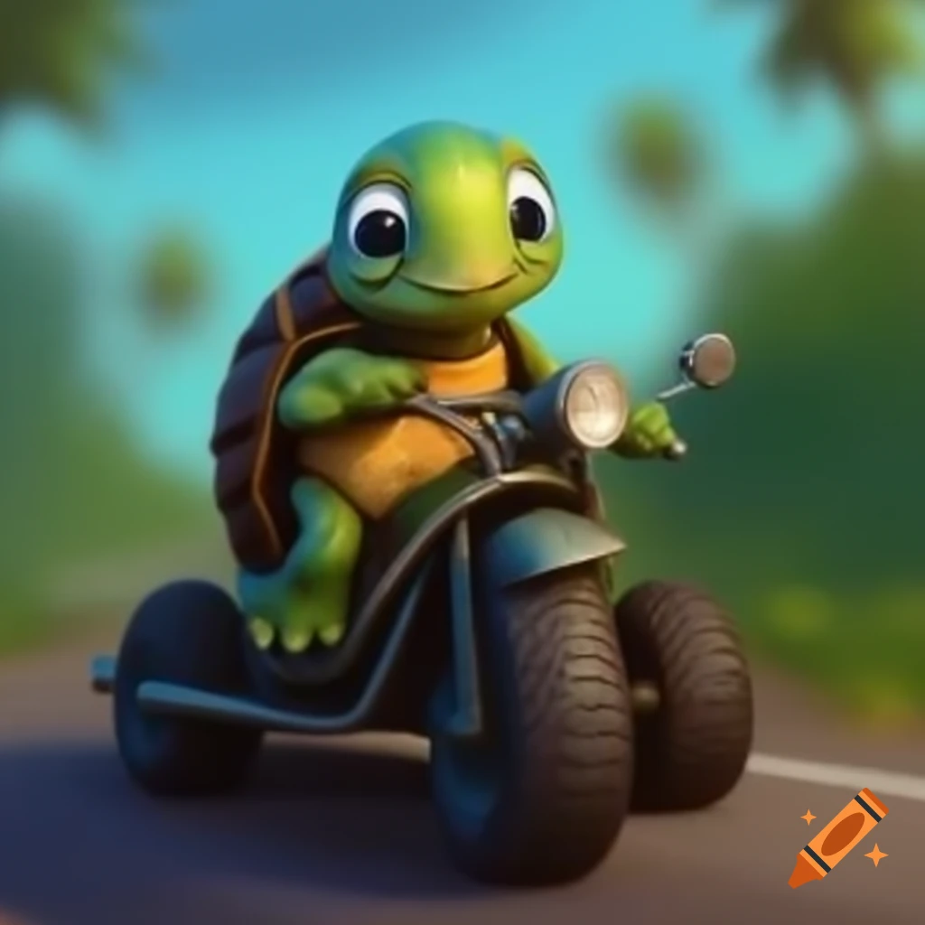 Turtle riding a motorbike
