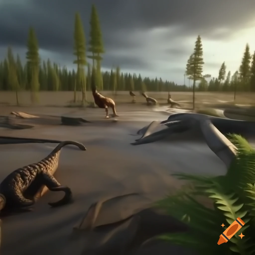 Striped Hadrosaurus roaming mudflat with ferns and driftwood in morning light