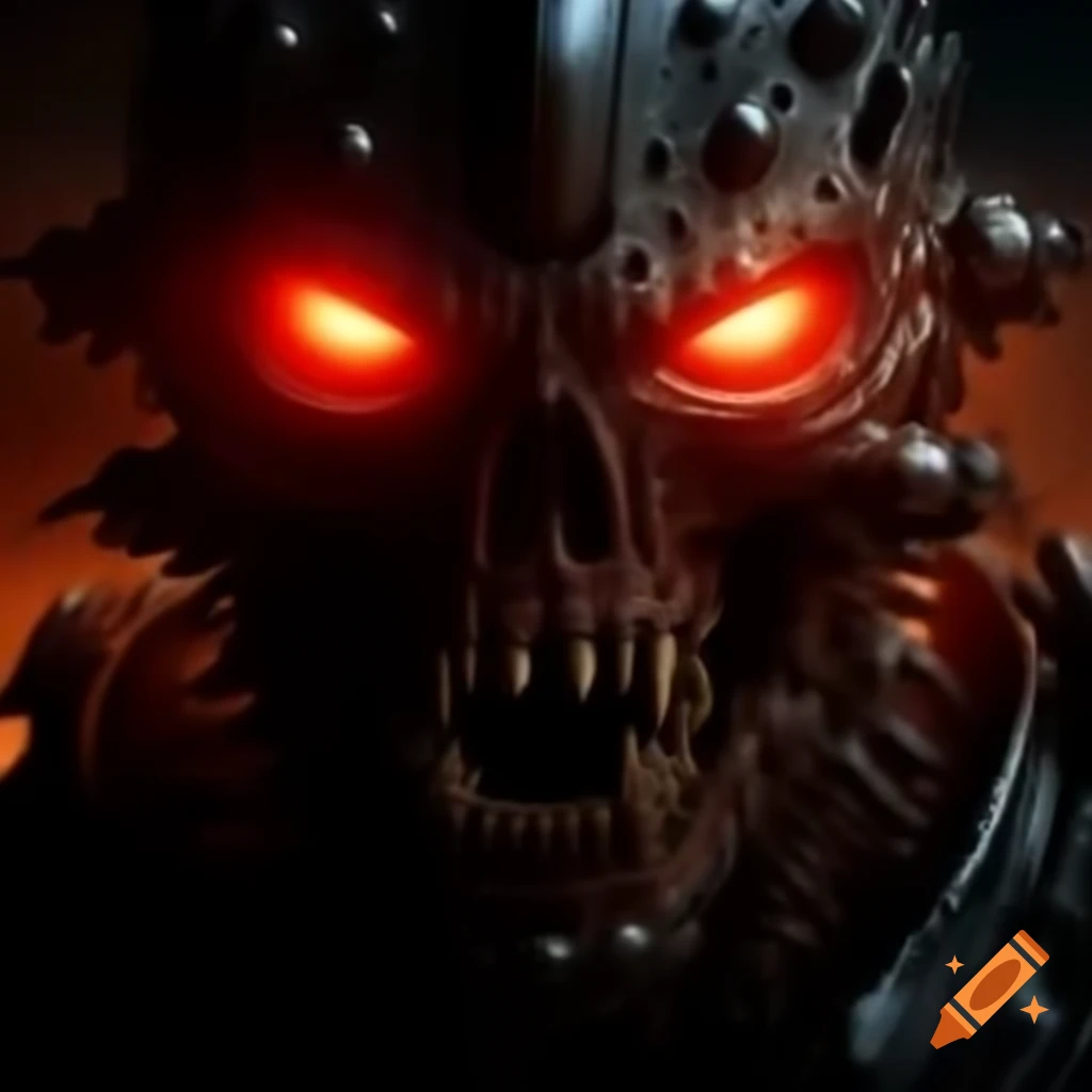 Apocalyptic scene with mechanical elements, red embers, and jagged design