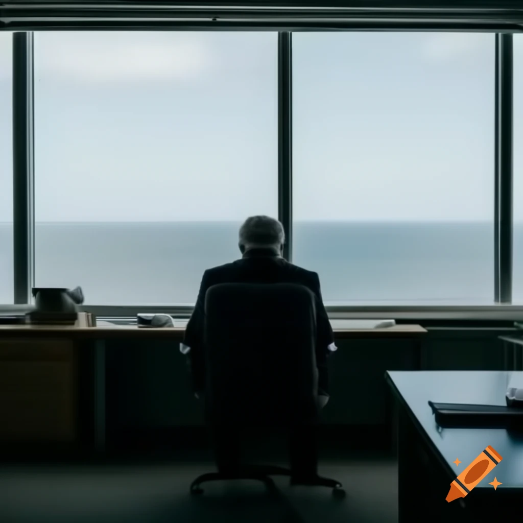 Sad older businessman looking out at sea from office
