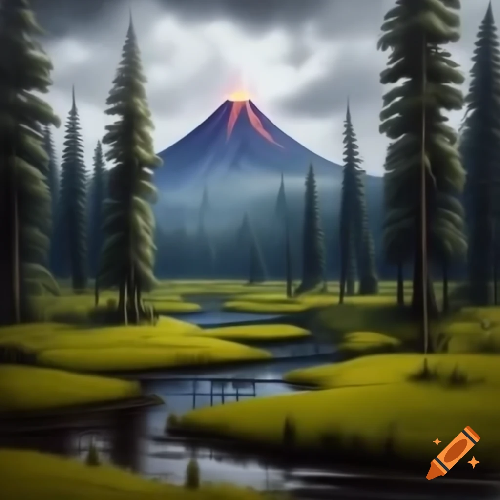 Realistic oil painting of swamp with trees and volcano in background