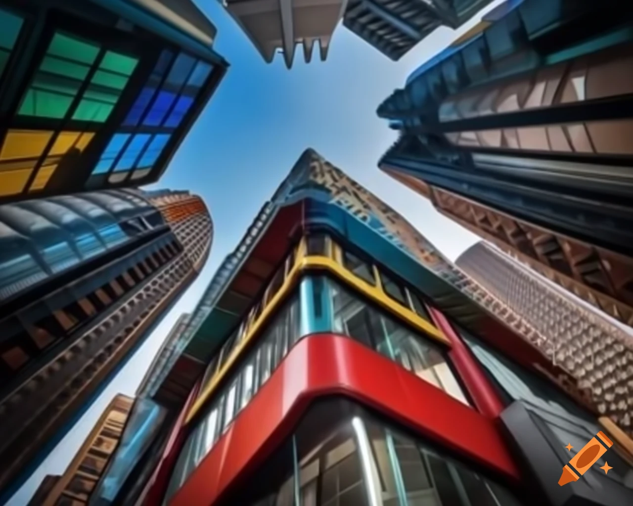 Team of painters applying colorful paint on skyscraper exterior