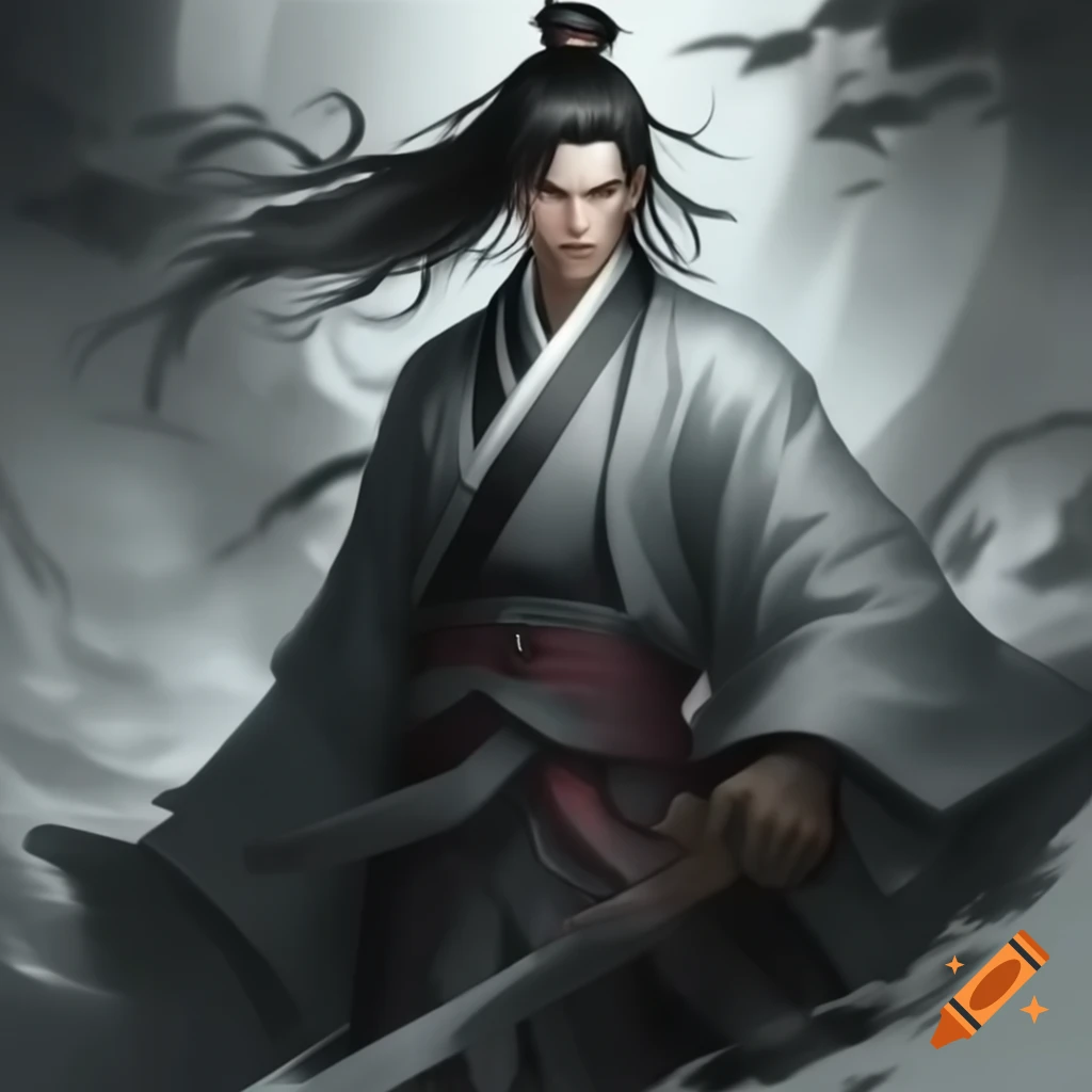 Monochrome cover featuring character in East Asian attire holding a sword, conveying mystery and strength
