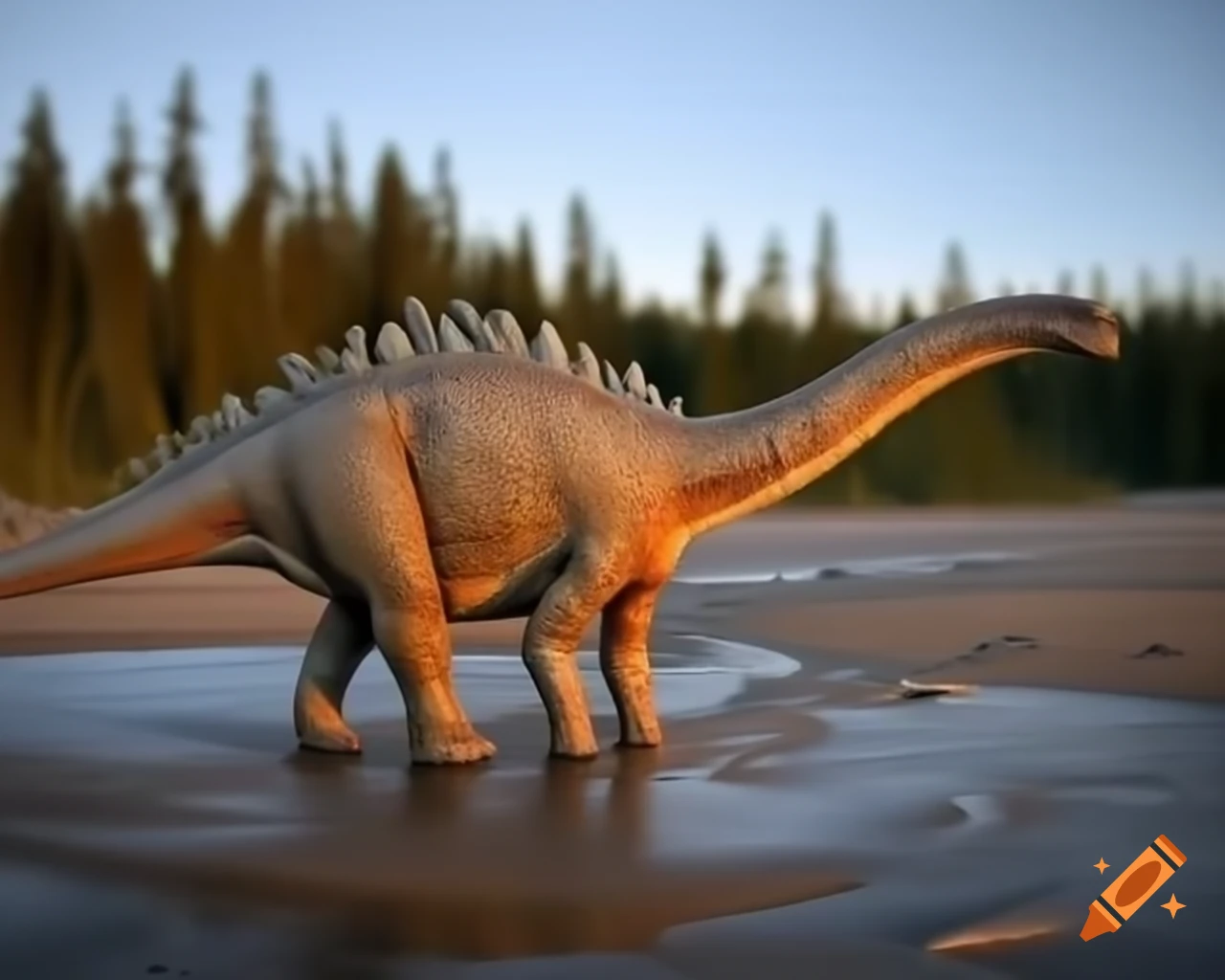 Stegosaurus and Diplodocus in mudflat with sand ripples and driftwood