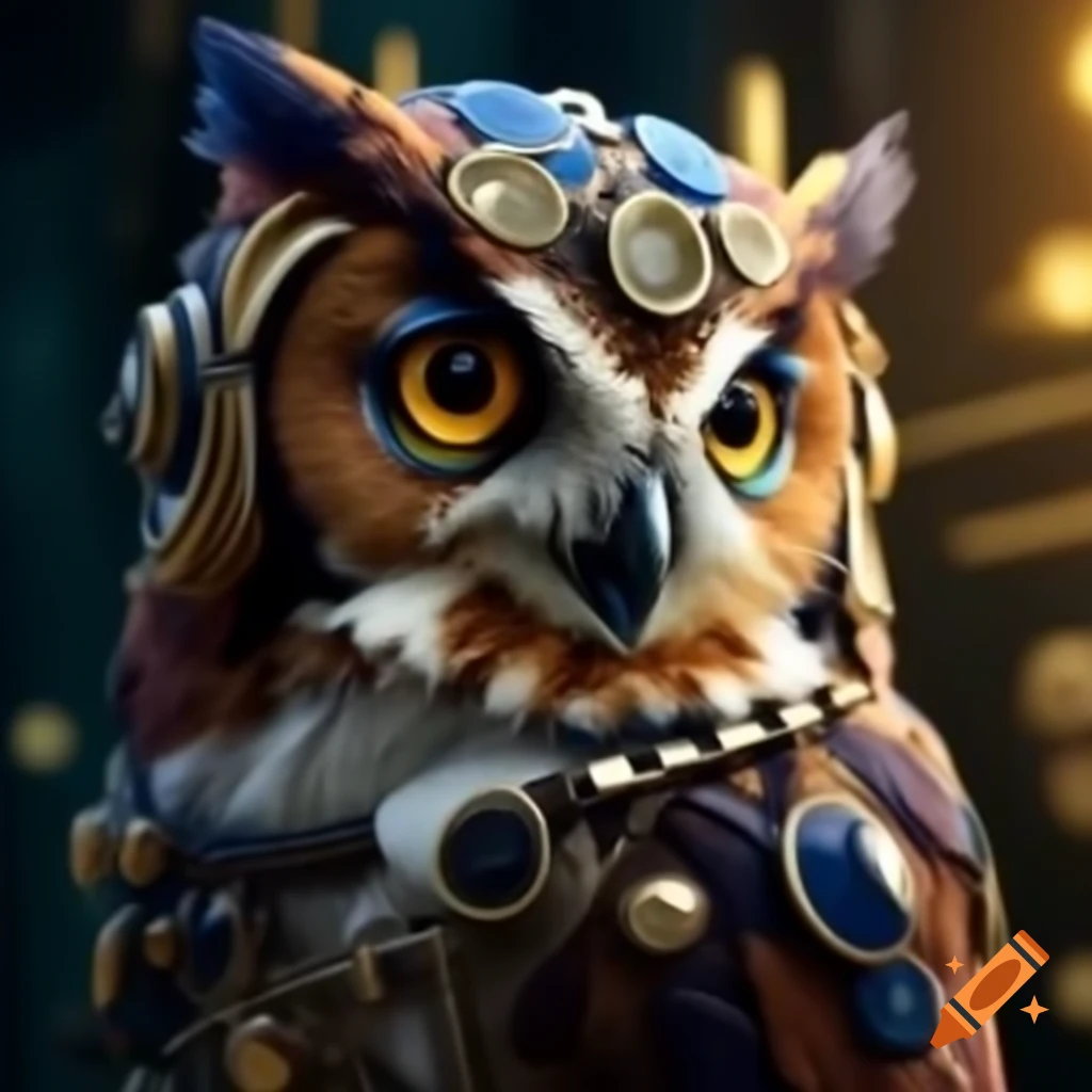 Futuristic steampunk owl talking into a microphone in front of a camera