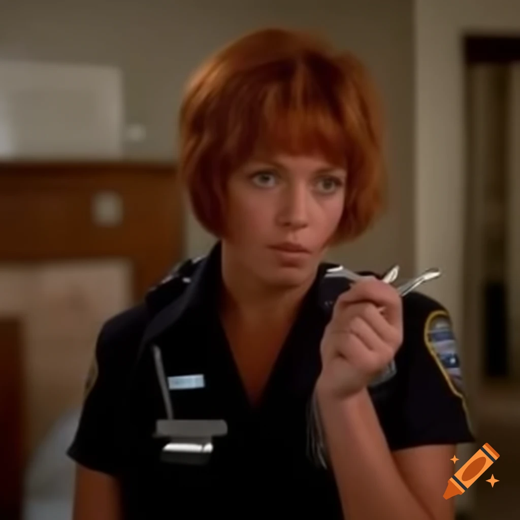 Bored policewoman at crime scene in dusty living room, detailed facial features