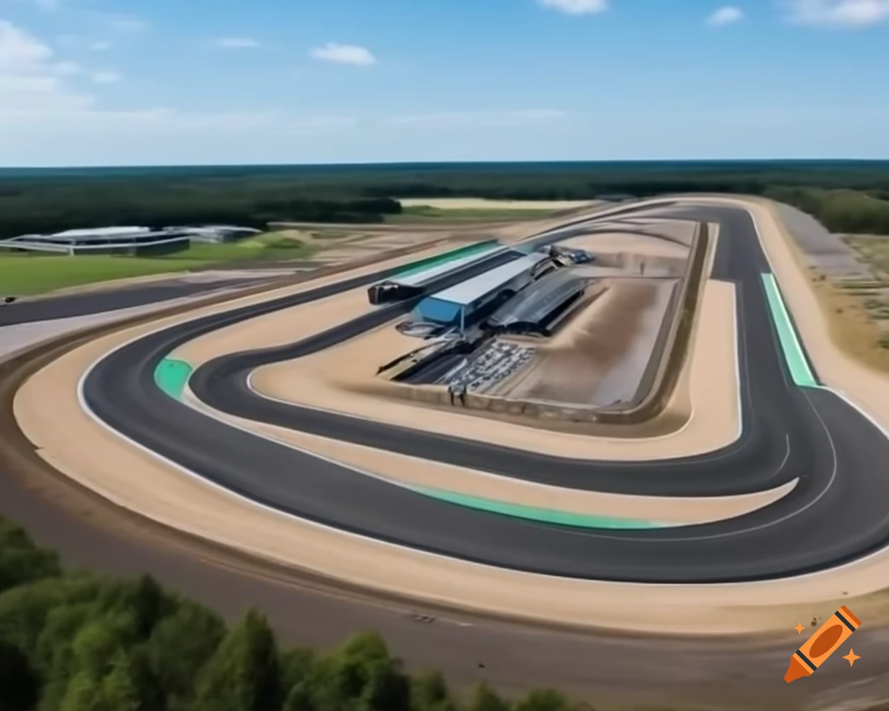 Automotive race track featuring road course and garages