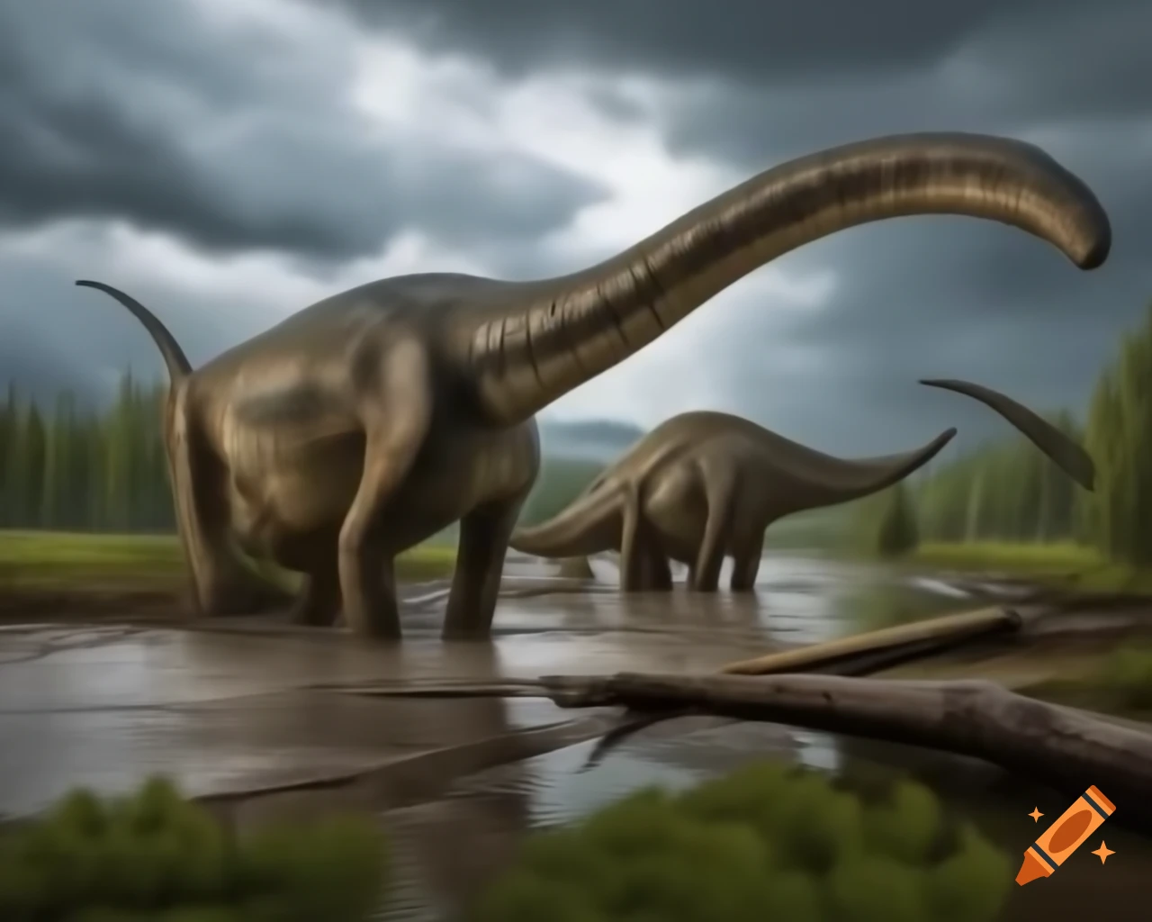 Striped Hadrosaurus roaming near stream in British Columbia with dramatic clouds